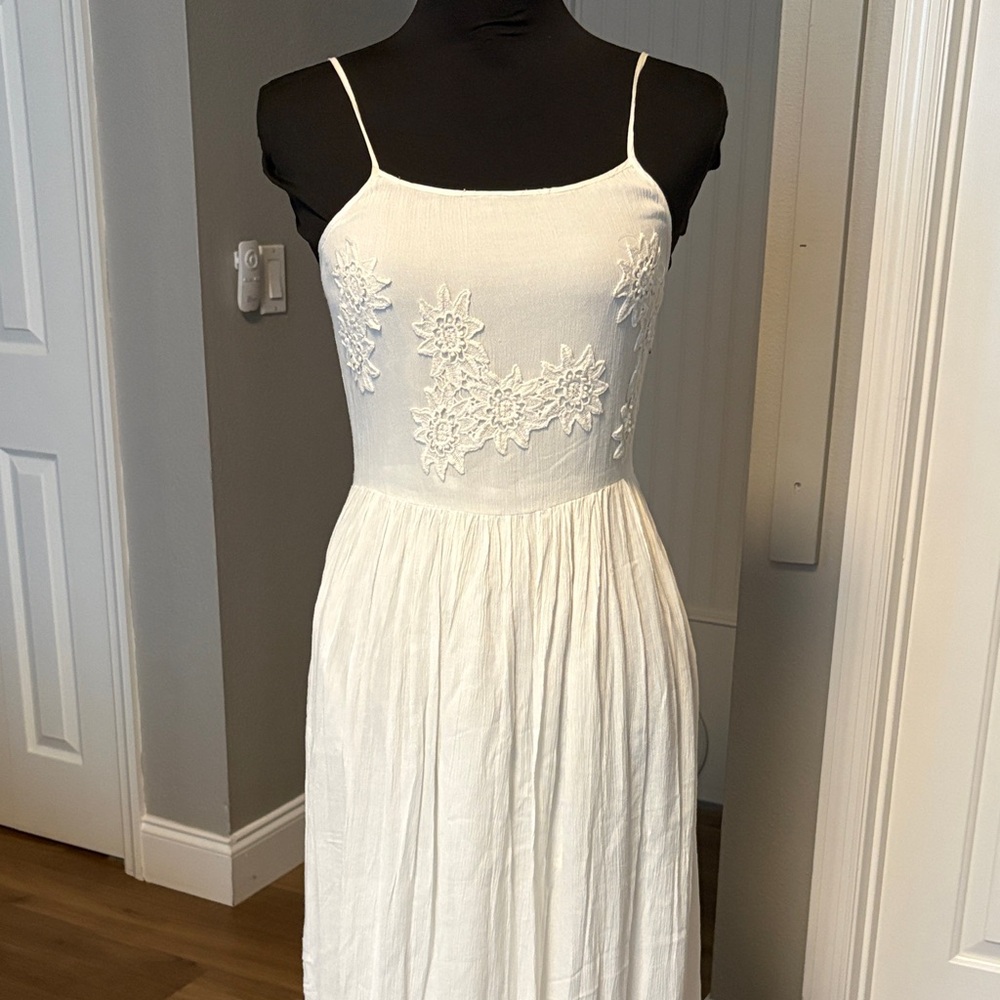 Mango White Spaghetti-Strap Maxi Dress with Floral Appliqué